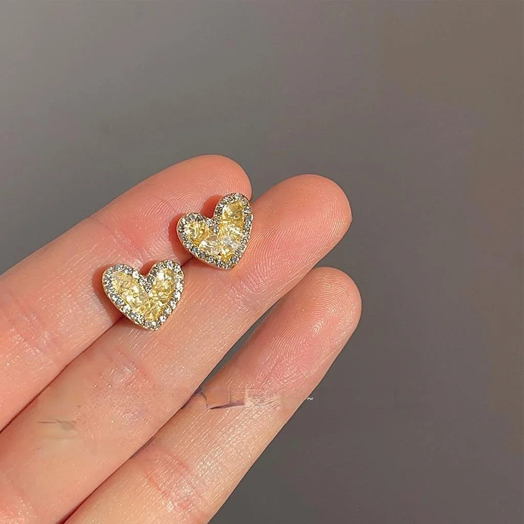 Sweet Mini Heart Stud Earrings With Handmade Sunset Orange Glass Crystal Inlay