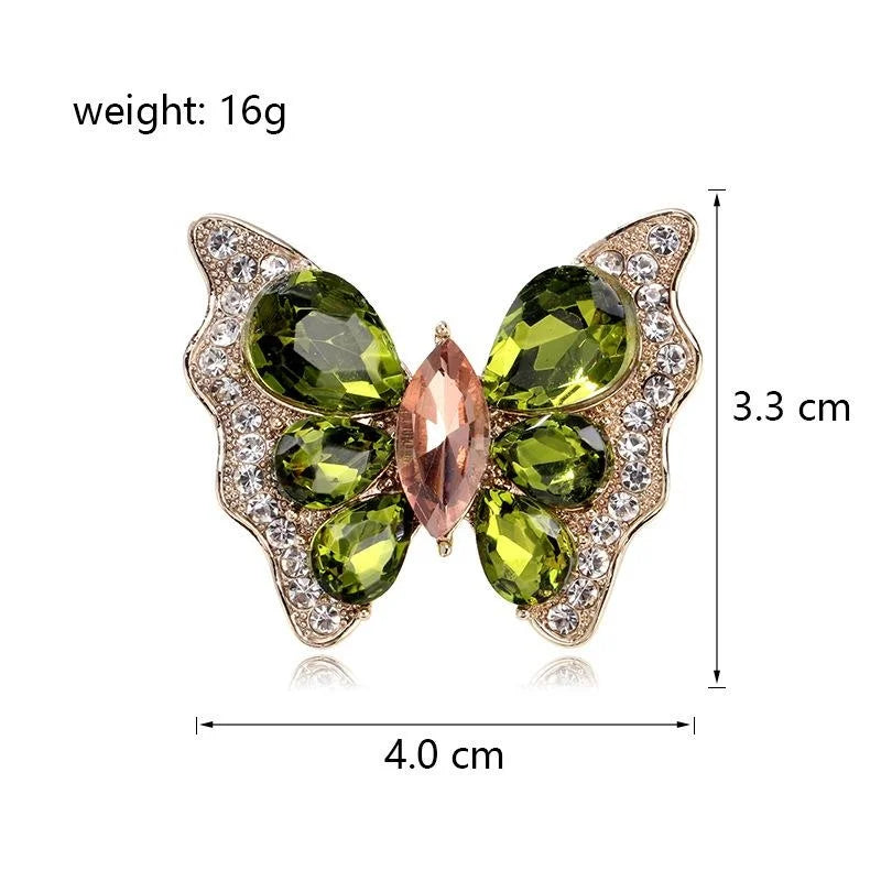 Luxury Glass Butterfly Brooch With Green Rhinestone Wings, Elegant Alloy Lapel Pin Corsage For Women Suit Gift