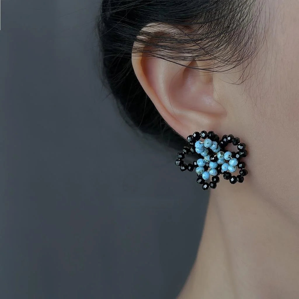 Haze Blue Handmade Woven Flower Stud Earrings Copper Glass Crystal Premium Niche Jewelry