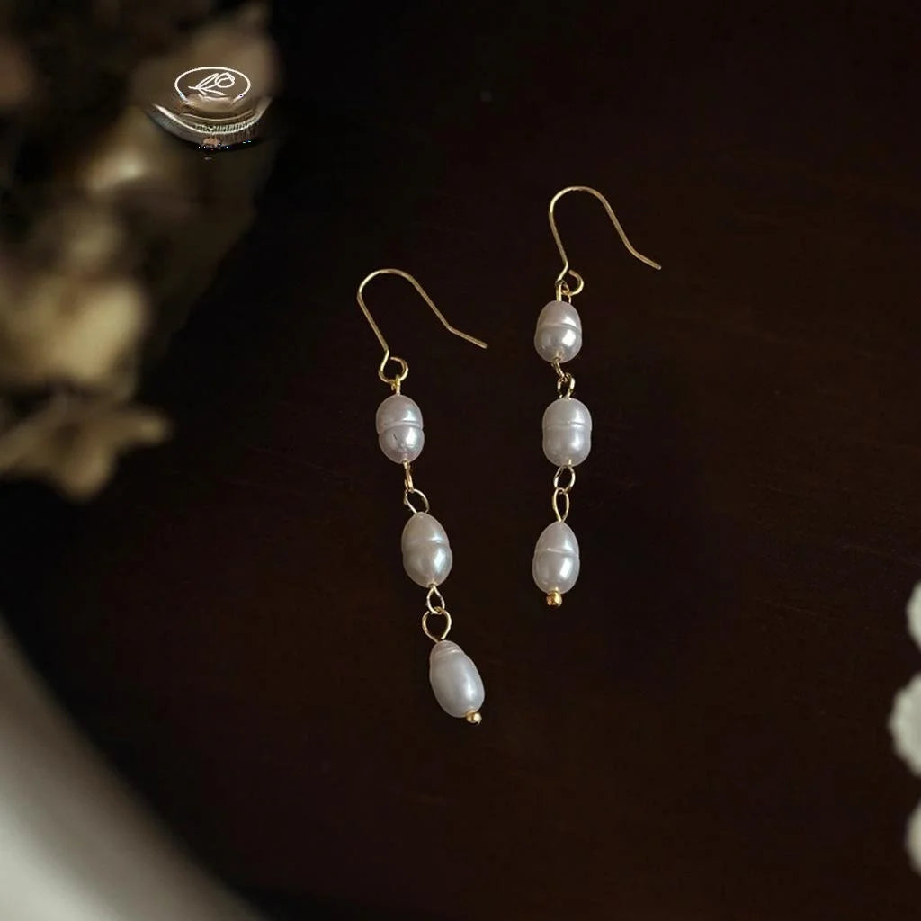 Natural Freshwater Pearl Long Tassel Drop Earrings Handmade Geometric Oval Light Luxury Jewelry