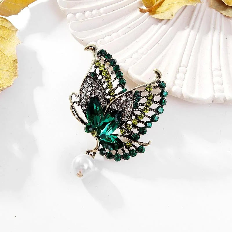 Elegant Green Rhinestone Butterfly Brooch With Faux Pearl Dangle, Alloy Lapel Pin Corsage Gift