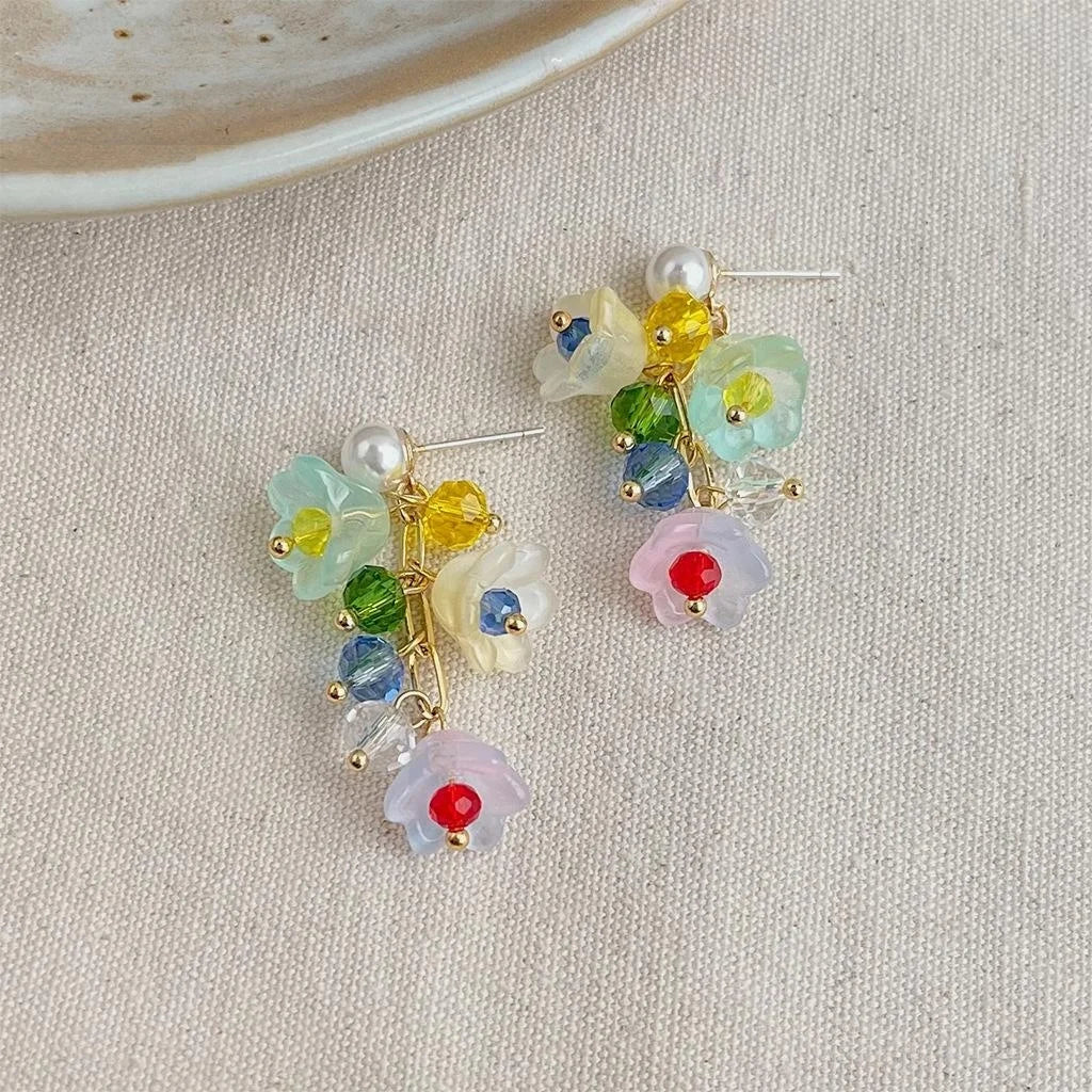 Sweet Lily Of The Valley Handmade Glass Crystal Pearl Floral Drop Earrings For Women