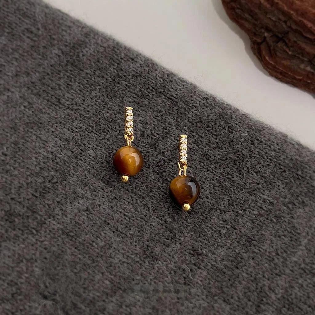 Maillard Style Tiger Eye Zircon Micro Pave Round Geometric Copper Drop Earrings