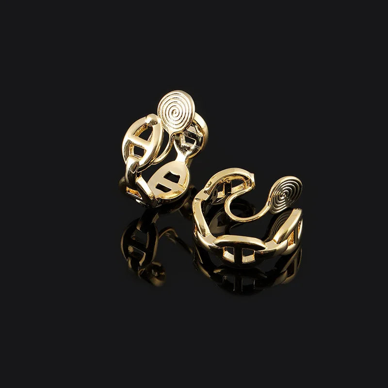 Elegant Gold Alloy Smooth Pig Nose Spiral Disc Stud & Clip On No Piercing Commuter Hoop Earrings