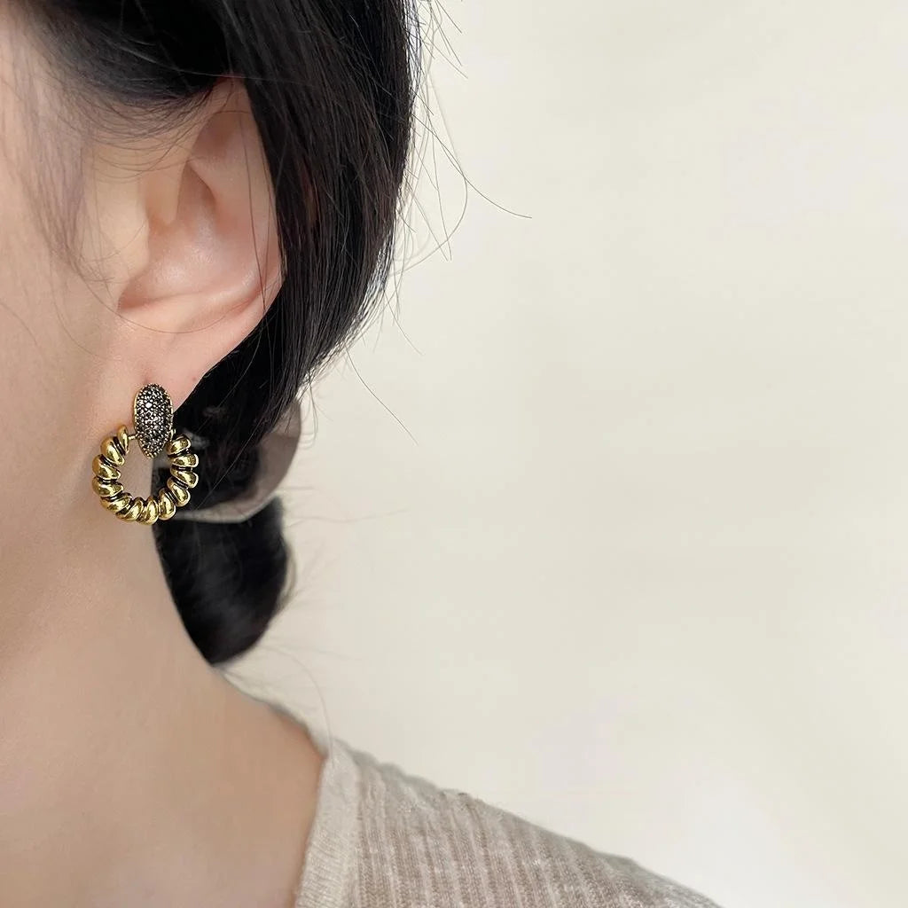 Vintage Oxidized Copper Micro Pave Zircon Oval Geometric Drop Earrings
