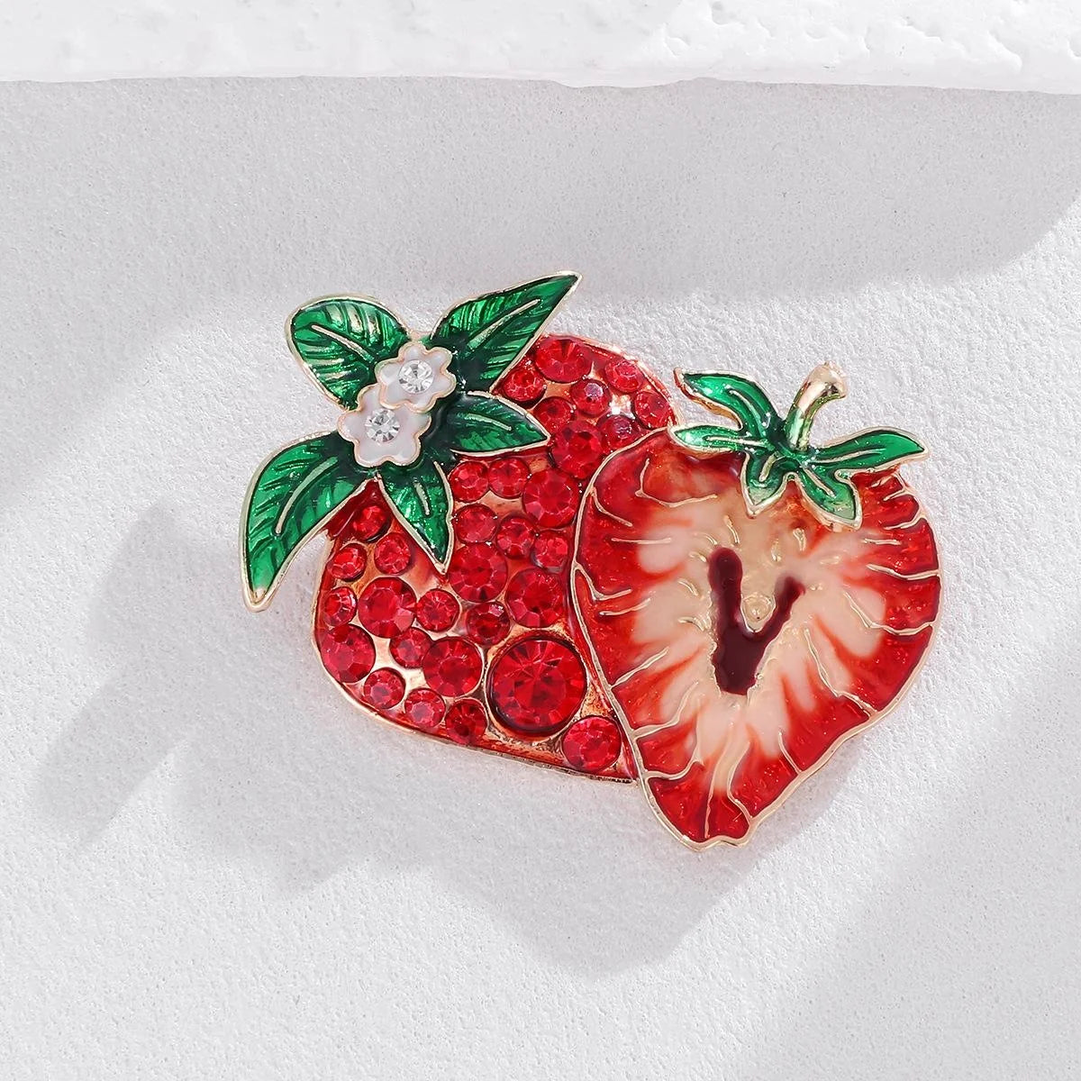 Luxury Red Strawberry Brooch With Enamel Leaves And Rhinestones, Elegant Fruit Lapel Pin Corsage Gift