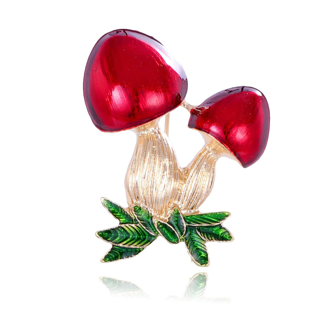 Cute Enamel Mushroom Brooch With Green Leaves, Alloy Cartoon Fungi Lapel Pin Corsage Gift For Women