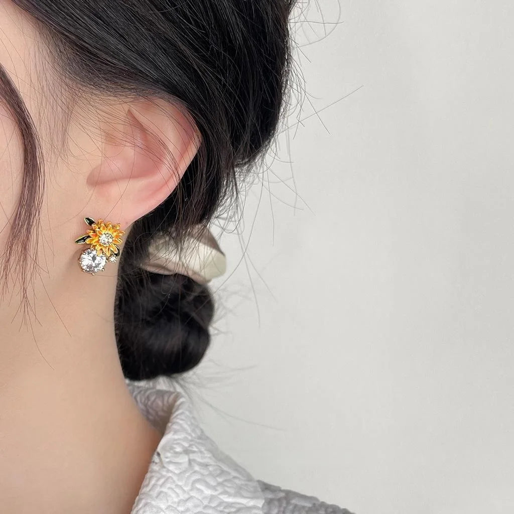 Vintage Sunflower Enamel Copper Drop Earrings With Micro Pave Zircon Floral Design