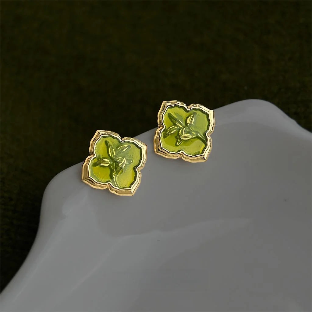 Grass Green Geometric Floral Leaf Stud Earrings Eco Copper New Chinese Fresh Style