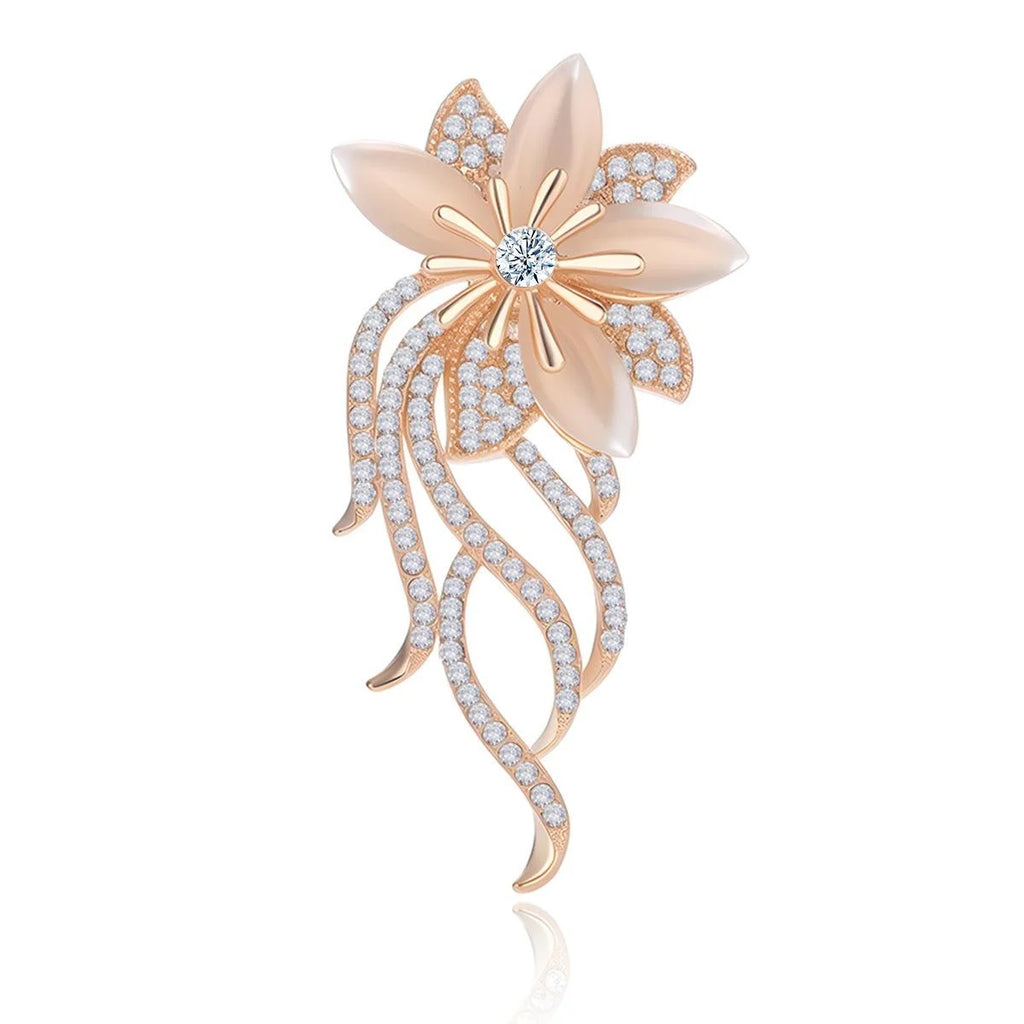 Elegant Rose Gold Alloy Orchid Flower Brooch With Cat Eye Stone And Rhinestones, Luxury Lapel Pin Corsage Gift