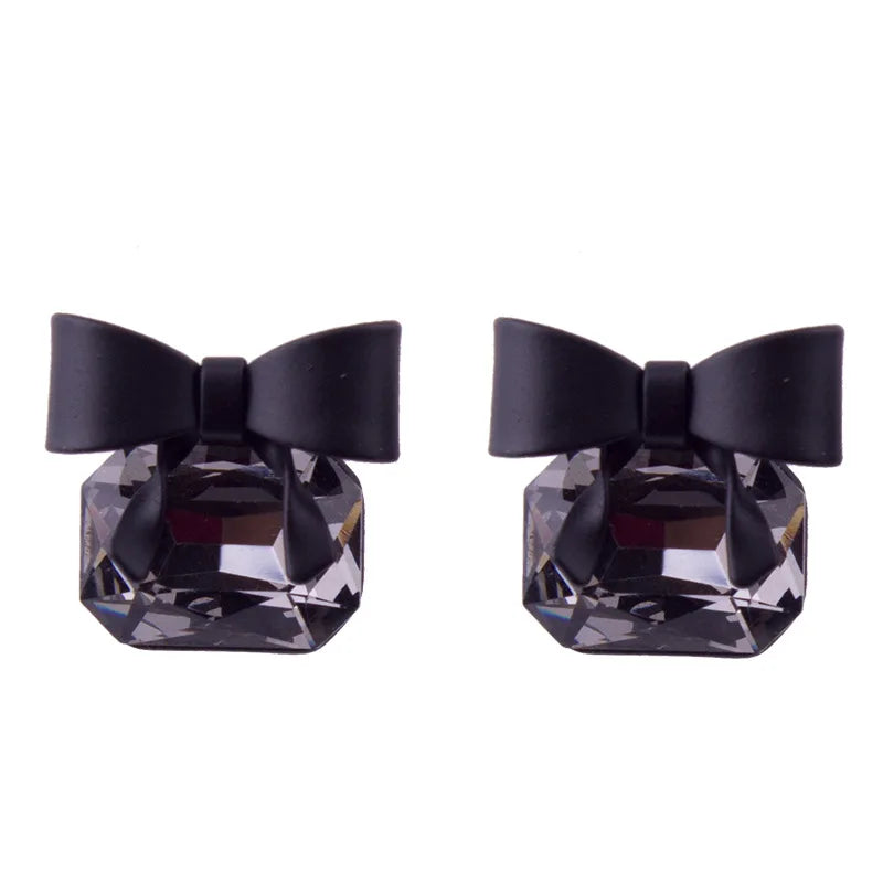 Black Bow Square Crystal Alloy Stud & Clip On No Piercing Elegant Minimalist Fashion Earrings