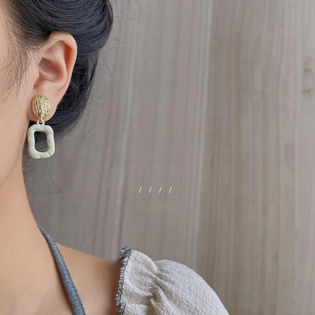 French Vintage Copper Hollow Enamel Geometric Square Stud Earrings With Ring Line Design