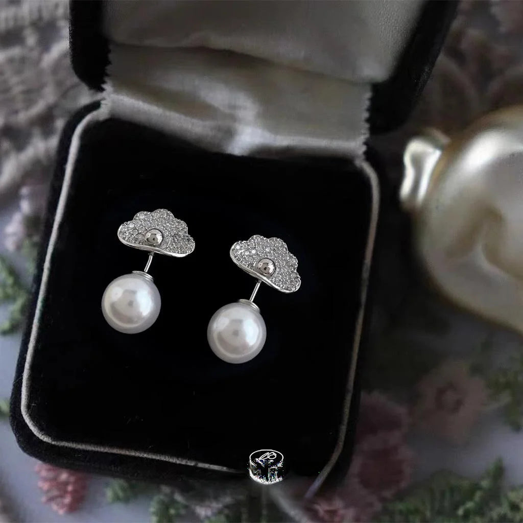 French Vintage Copper Cloud Pearl Micro Pave Zircon Stud Earrings Two Way Luxury Jewelry