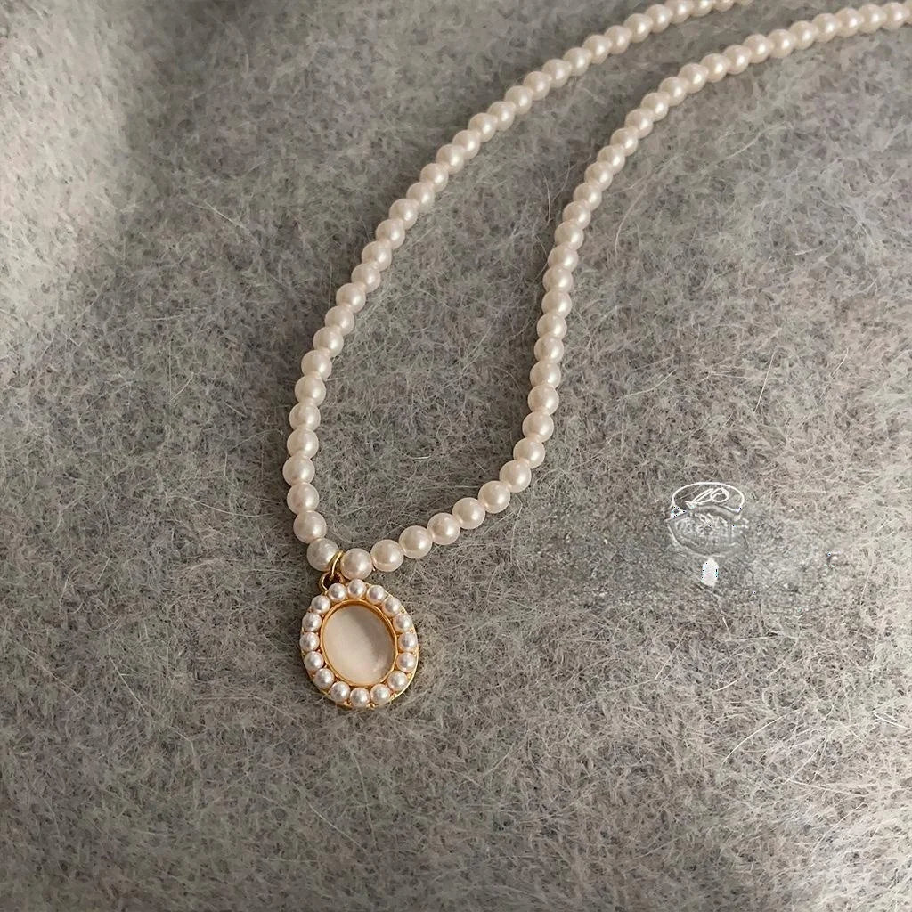 French Vintage Copper Glass Cat Eye Stone Pearl Round Geometric Collarbone Necklace