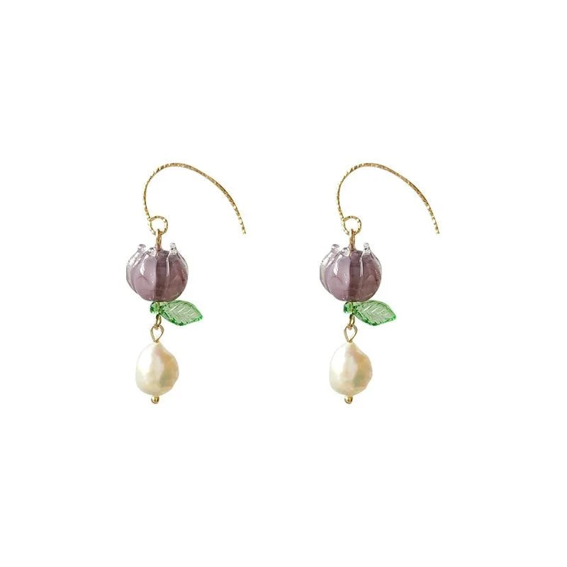 Handmade Forest Style Glass Crystal Freshwater Pearl Lotus Pod Floral Drop Earrings