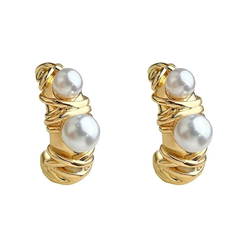 Luxury Electroplated Copper C Shape High Gloss Pearl Geometric Drop Earrings For Women