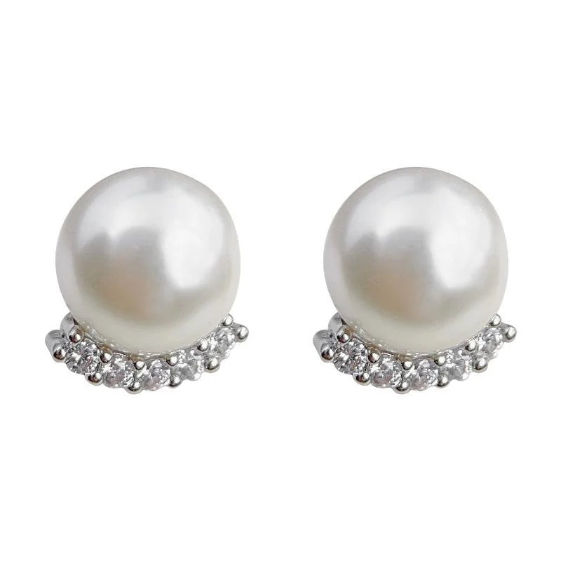 Retro Round Glass Pearl Zircon Micro Pave Copper Stud Earrings For Elegant Office Wear