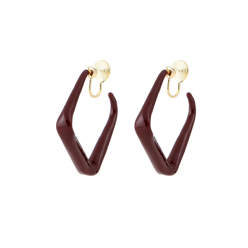 Vintage Burgundy Enamel Alloy Diamond Hoop Stud & Clip On No Piercing Geometric Statement Earrings