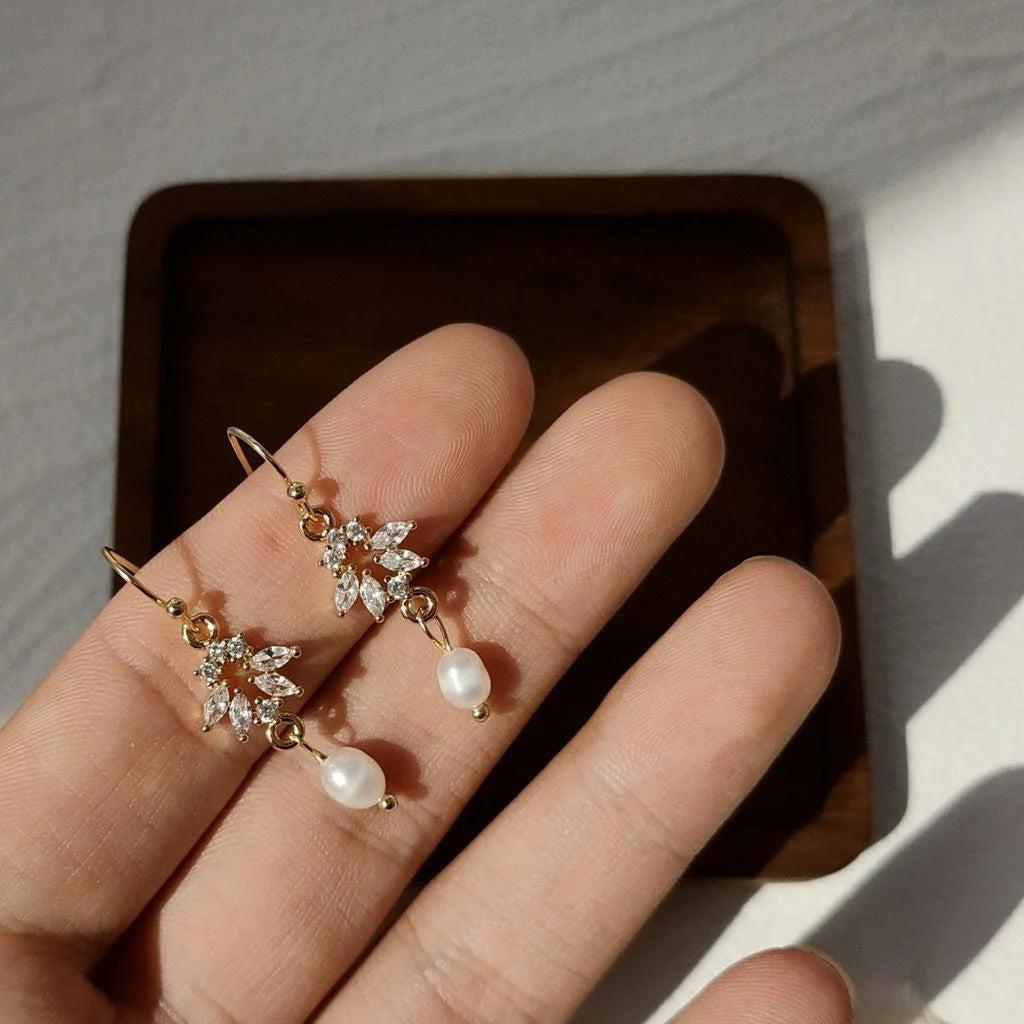 Light Luxury 14K Gold Plated Copper Freshwater Pearl Zircon Geometric Drop Earrings