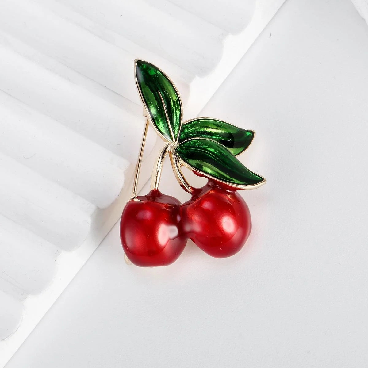 Cute Enamel Cherry Fruit Brooch With Glossy Green Leaves, Luxury Lapel Pin Corsage For Sweater Suit Gift
