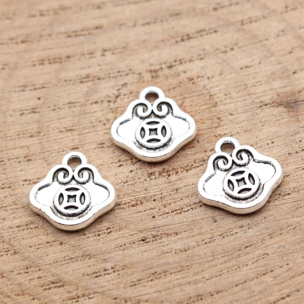 10x10mm 0.45g Antique Silver Zinc Alloy Chinese Coin Lock Double Sided Charm Pendant for Necklace Making