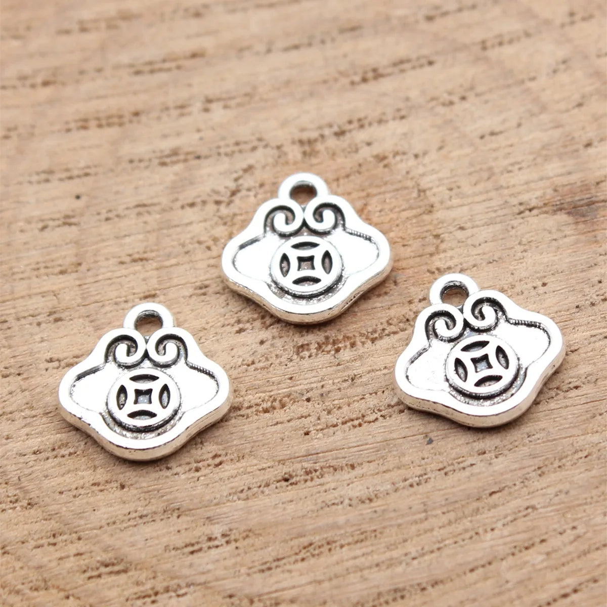 10x10mm 0.45g Antique Silver Zinc Alloy Chinese Coin Lock Double Sided Charm Pendant for Necklace Making