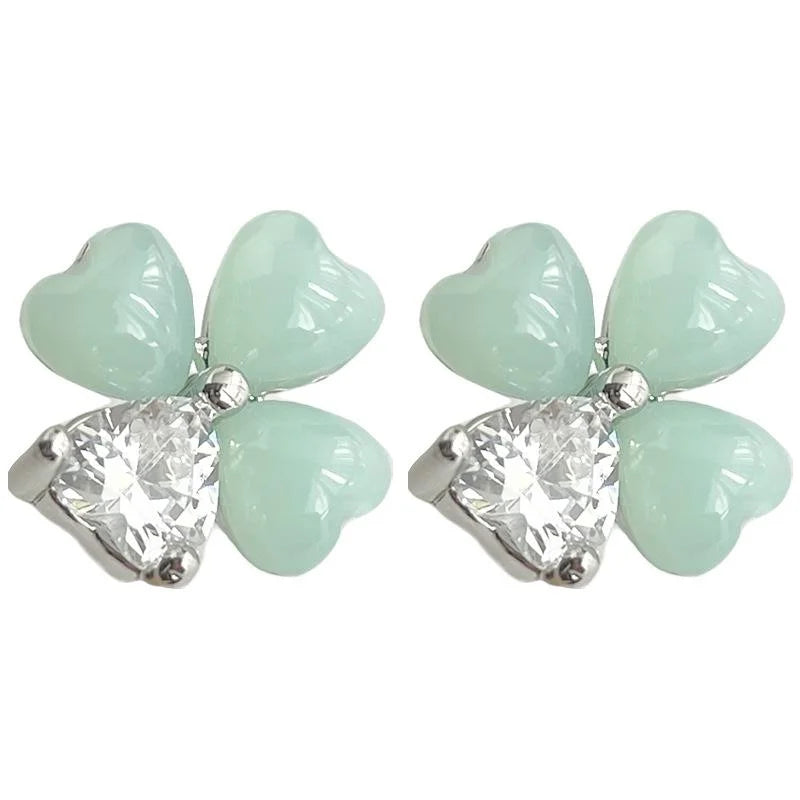 Mint Green Flower Stud Earrings With Zircon Inlay Resin Copper Sweet Fresh Style