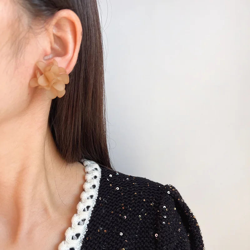 Elegant Light Coffee Acrylic Flower Stud & Clip On No Piercing French Handmade Floral Earrings