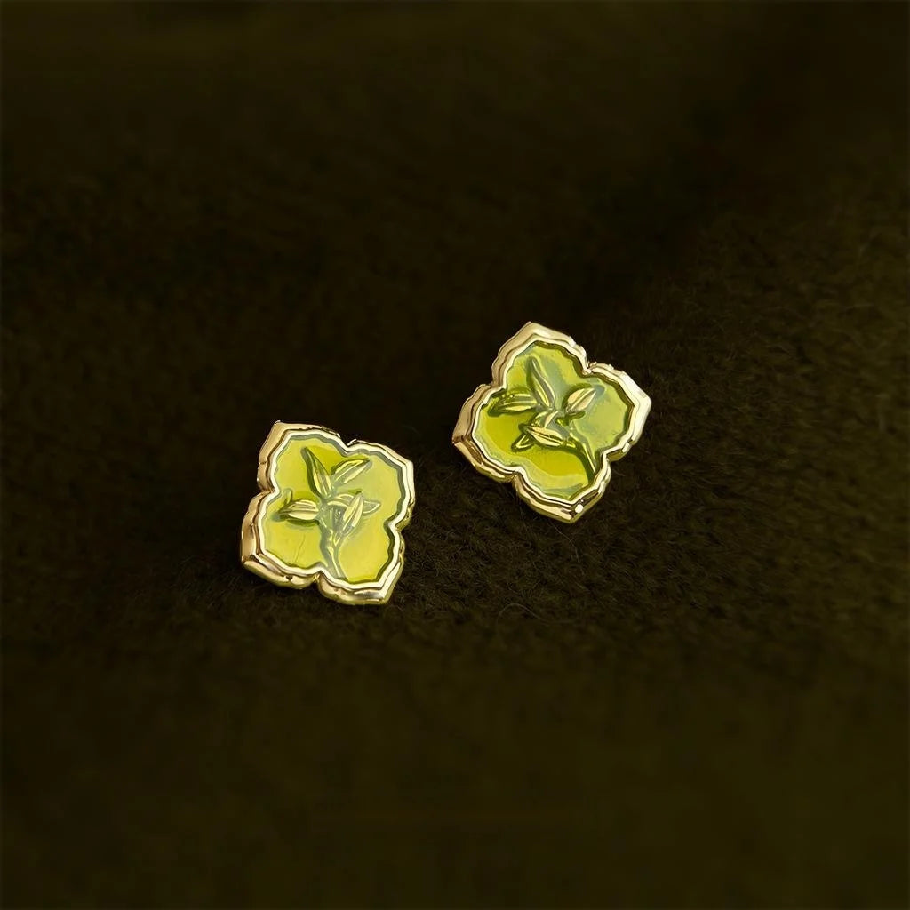 Grass Green Geometric Floral Leaf Stud Earrings Eco Copper New Chinese Fresh Style