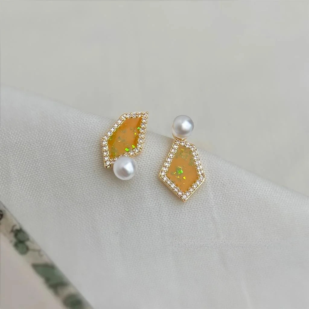 14K Gold Plated Copper Irregular Geometric Stud Earrings With Pearl Zircon Enamel Design