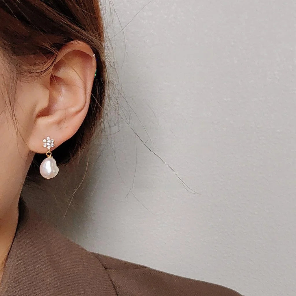 French Vintage Baroque Freshwater Pearl Teardrop Stud Earrings With Zircon 14K Gold Plated