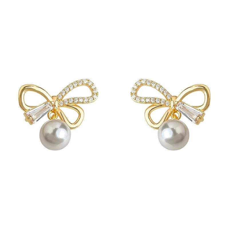 14K Plated Copper Bow Stud Earrings With Micro Pave Zircon And High Luster Pearl