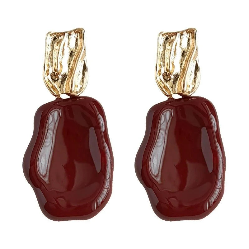 14K Plated Copper Burgundy Enamel Irregular Geometric Hong Kong Vintage Drop Earrings