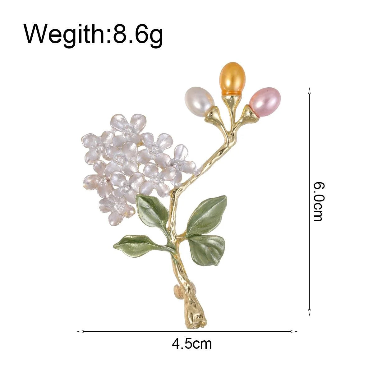 Elegant Hydrangea Flower Brooch With Pearl Buds And Enamel Leaves, Gold Alloy Lapel Pin Corsage Gift