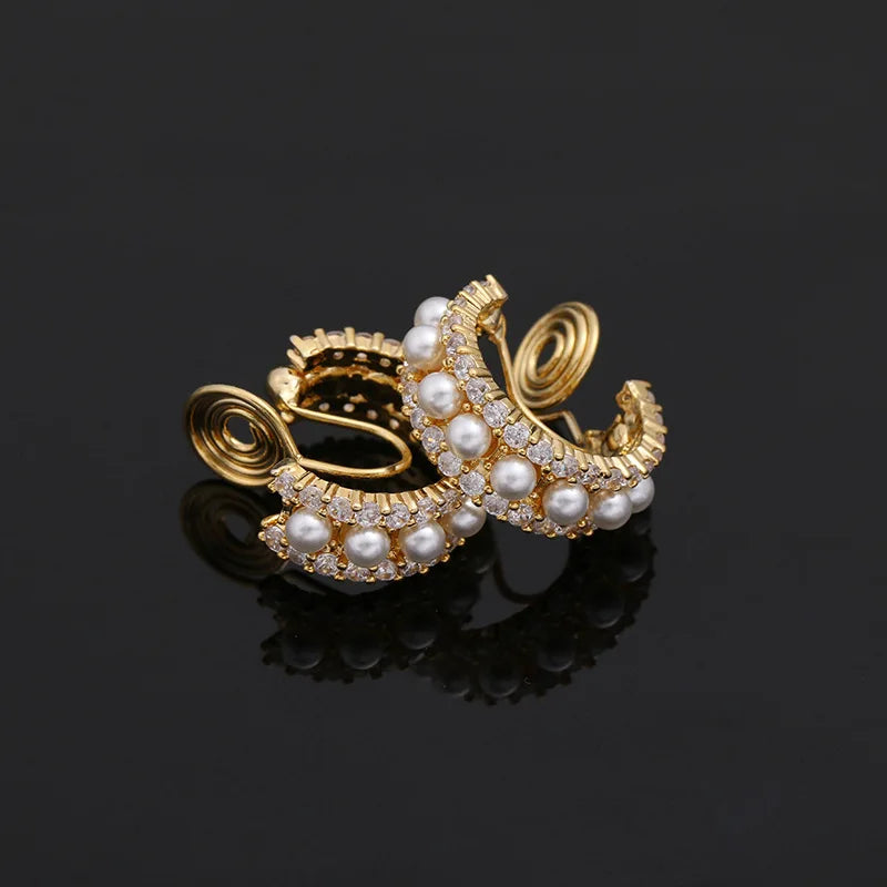 Elegant Gold Alloy Spiral Hoop Pearl Zircon Stud & Clip On No Piercing French Style Earrings