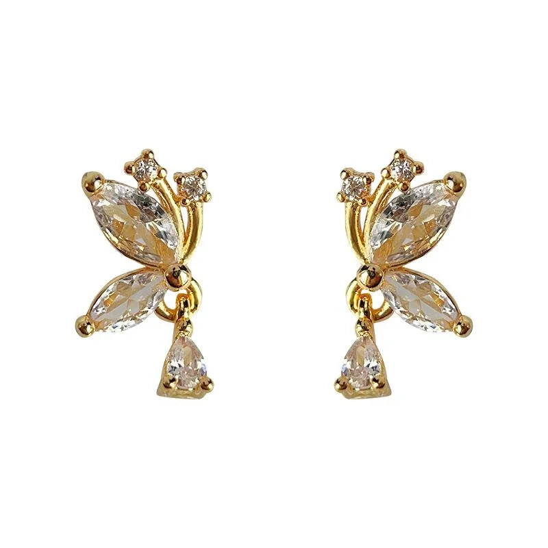 Copper Micro Pave Zircon Water Drop Butterfly Stud Earrings French Sweet Floral Style