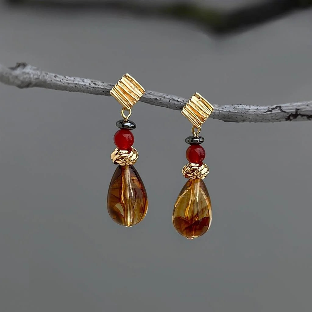 Vintage Maillard Geometric Teardrop Drop Earrings, Copper Black Onyx Red Agate Resin Tassel