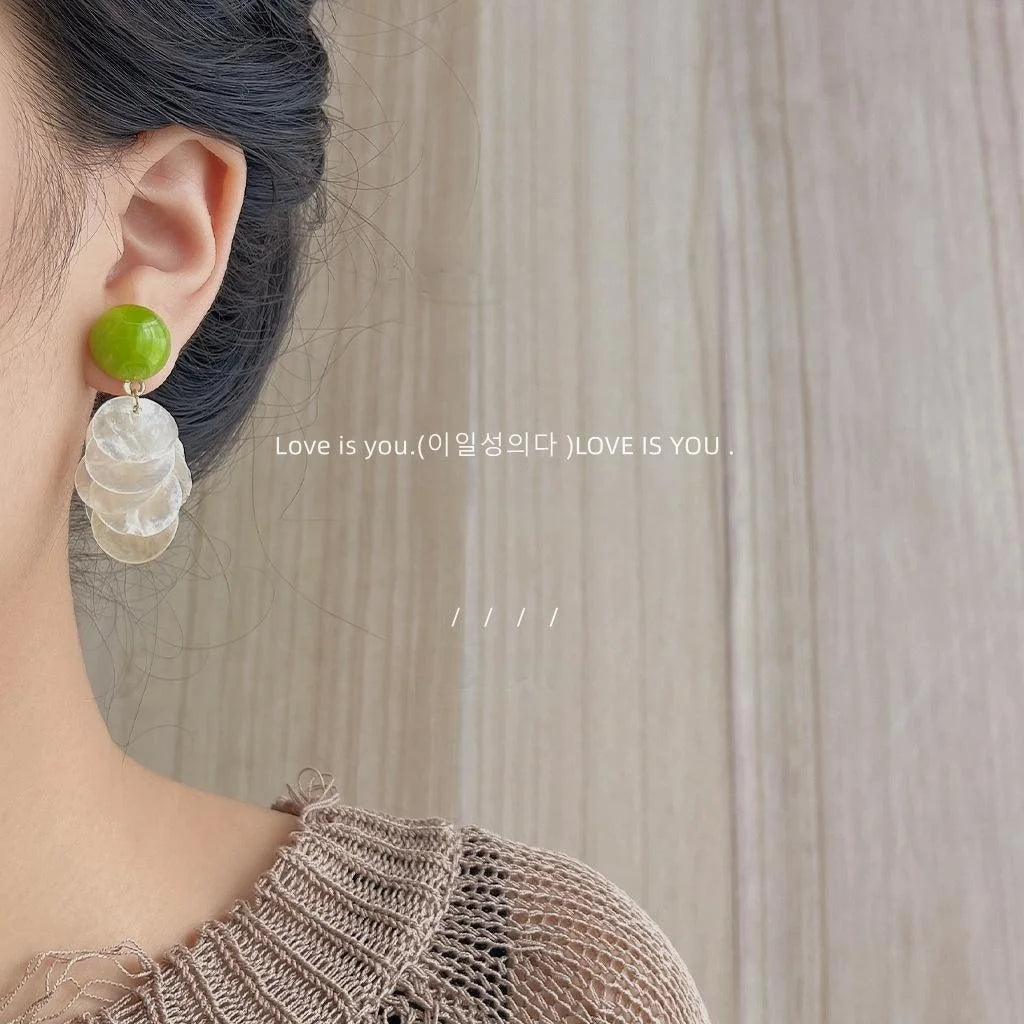 Forest Style Green Natural Shell Geometric Tassel Stud Earrings With Silver Plated Pins