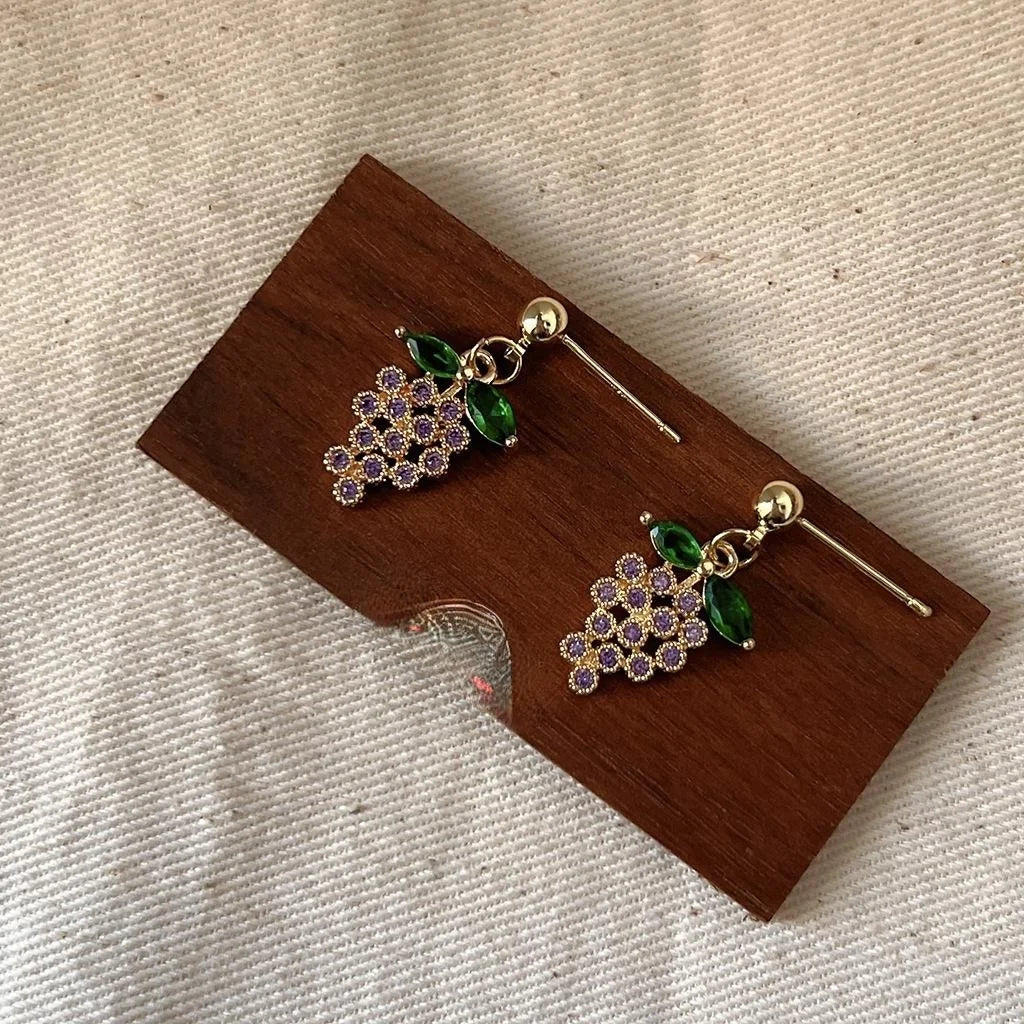French Vintage Copper Zircon Grape Cluster Drop Earrings Sweet Fruit Design Jewelry