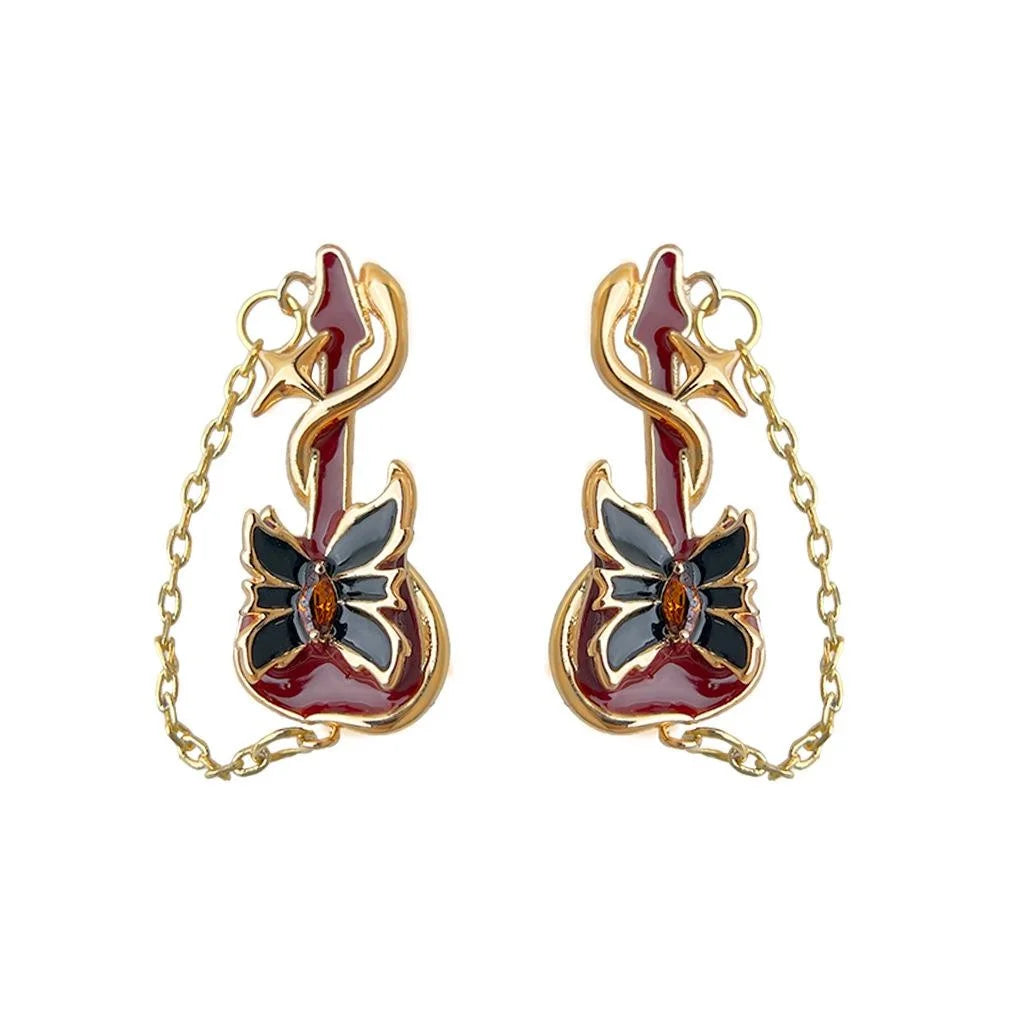 Niche Designer Copper Zircon Geometric Guitar Music Note Tassel Stud Earrings