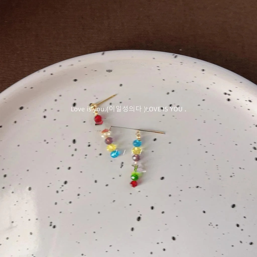 Dopamine Colorful Glass Crystal Geometric Stud Earrings Copper Silver Plated Pin Sweet Jewelry
