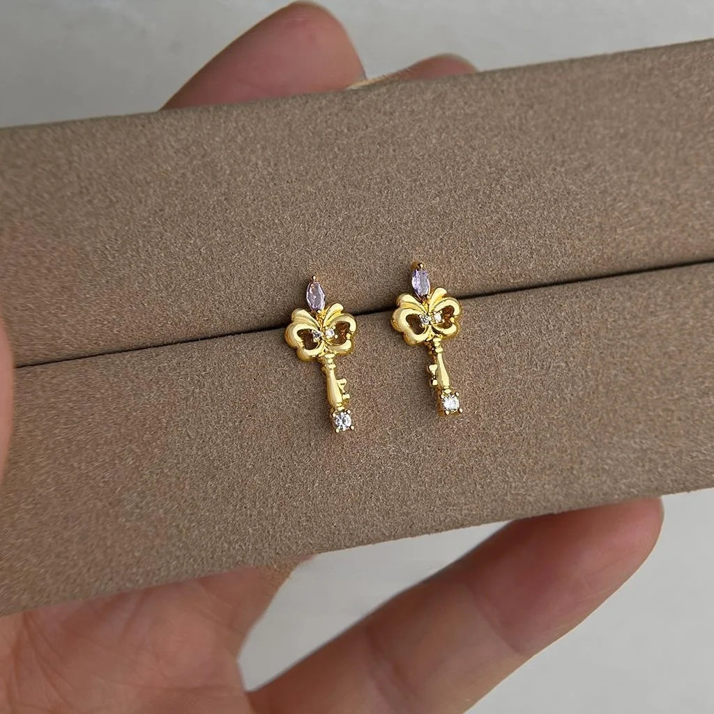 Original Designer Iris Flower Key Stud Earrings Micro Paved Zircon Copper Fashion Jewelry