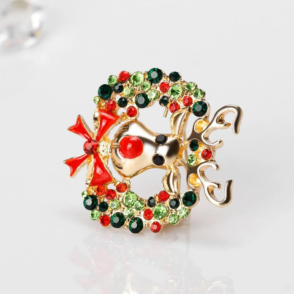 Cute Christmas Reindeer Wreath Alloy Enamel Rhinestone Brooch Luxury Lapel Pin Corsage Gift For Women