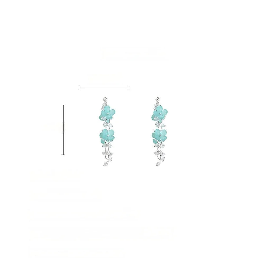 Blue Glass Crystal Flower Drop Earrings Vacation Style Statement Floral Jewelry