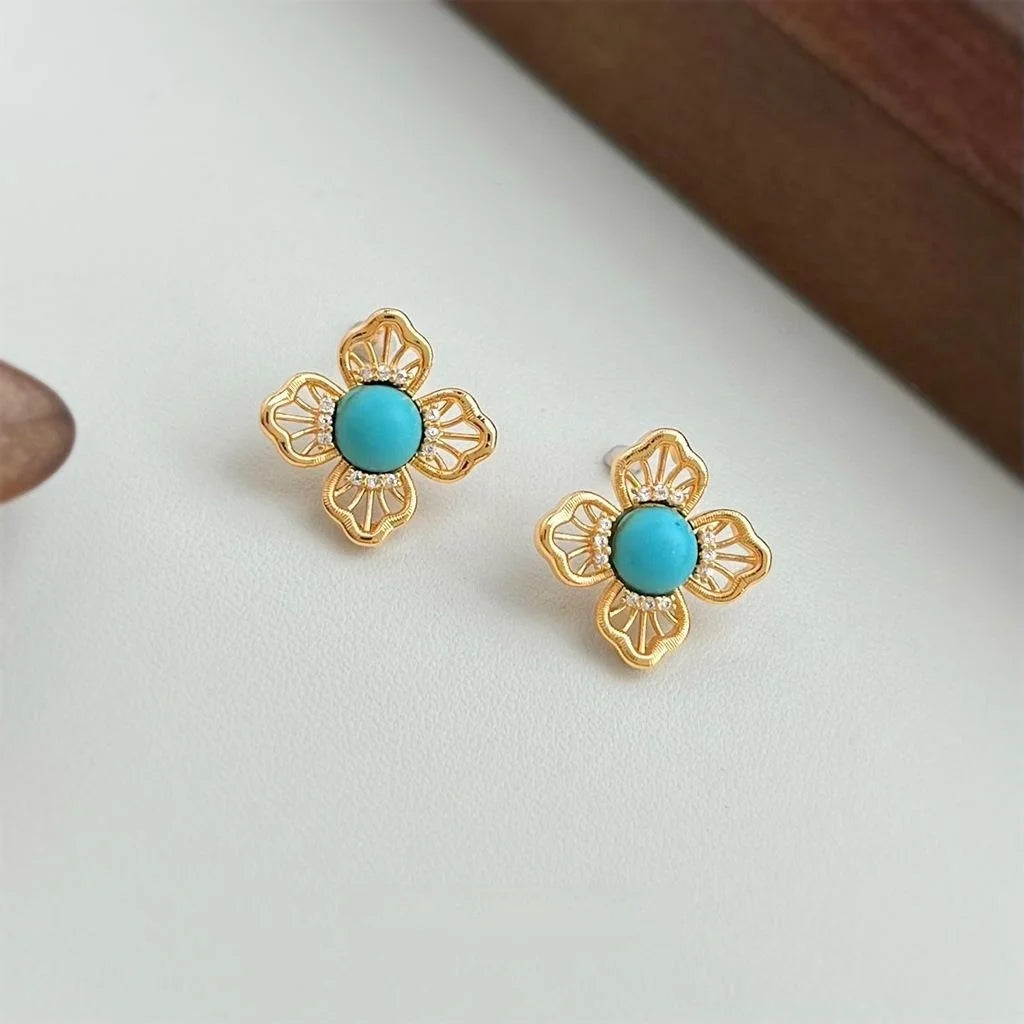 Vintage Hollow Lace Floral Geometric Copper Stud Earrings With Synthetic Turquoise Zircon