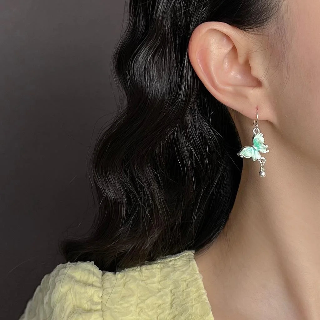 Sweet Forest Style Gradient Green Enamel Butterfly Copper Drop Earrings For Women