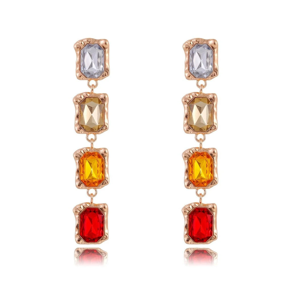 Elegant Four-Tier Rectangular Crystal Drop Earrings, Gold Alloy Rhinestone Dangle Jewelry For Wedding Party Gift