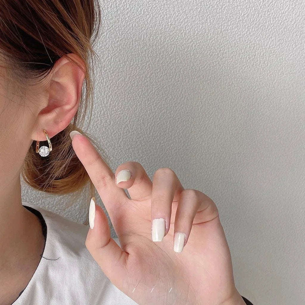 14K Gold Plated Zircon Round Geometric Stud Earrings Minimalist Korean Japanese Style