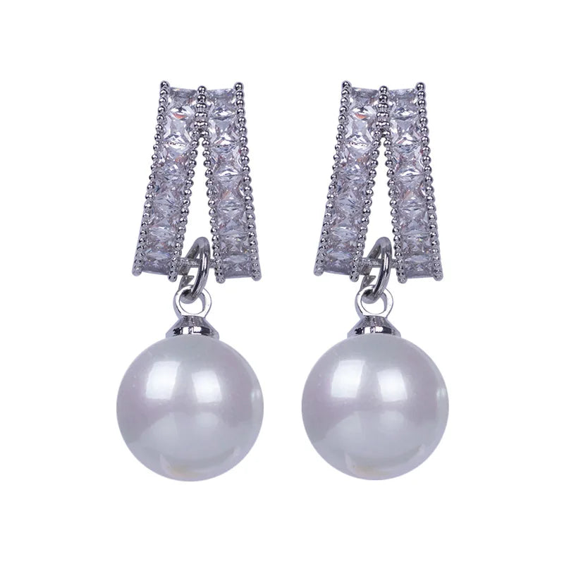 Elegant Geometric Curved Square Zircon Bar With Pearl Drop Stud & Clip On No Piercing Luxury Earrings