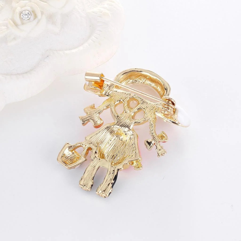 Cute Cartoon Girl Alloy Enamel Brooch With Rhinestone Bag, Fashion Lapel Pin Corsage Gift Accessory